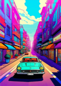 Retro car and cityscape