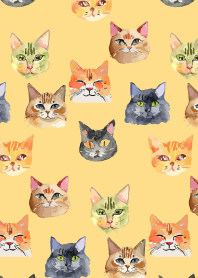lots of cat faces on brown & yellow JP