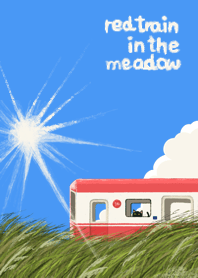 red train in the meadow