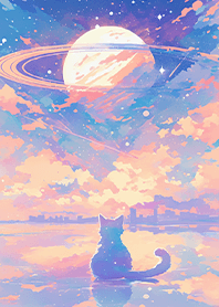 A cat looking at cosmic planets (blue)
