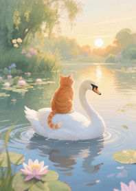 A joyful swan with a cute little cat
