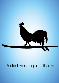 A chicken riding a surfboard.