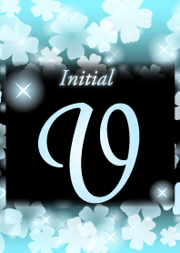 【V】イニシャル❤️お花-水色×黒-