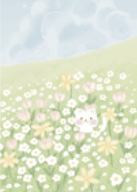 Happy cat in flower field (Yellow)