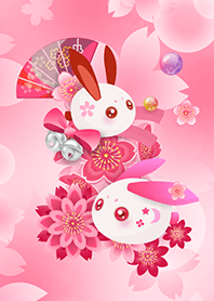 ピンクの桜と日本のウサギ