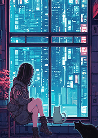 未来都市-窓辺の少女と猫7.1
