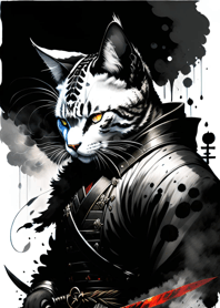 Ink wash cat samurai 3355B6