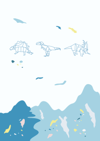 dinosaur and mountain, blue and green