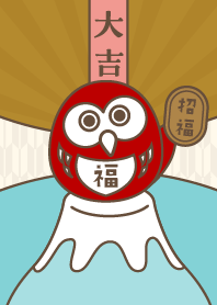 富士山の上の幸福梟／ミント色×赤×金