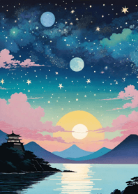 Starry sky, sea and lake, Ukiyo-e d999
