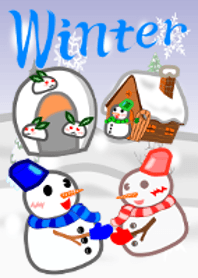 Snowman and snow rabbit in cold winter