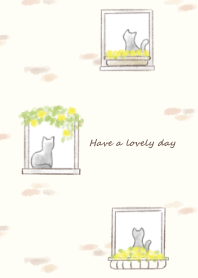 Cat and flower by the window -yellow-