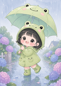 Frog Girl Rainy Garden2