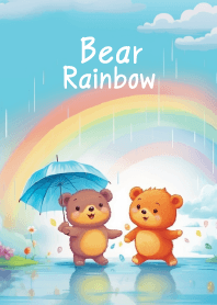 cute bear in the rain and rainbow