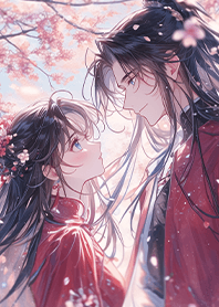 Red-robed lovers under falling sakura