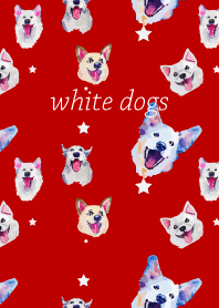 white dogs on red & beige