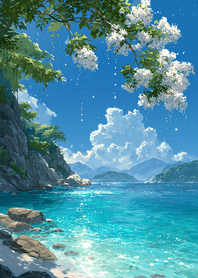 Green White Flowers by Blue Sea