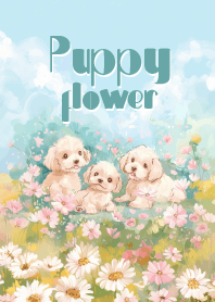 puppy gang in flower field_3