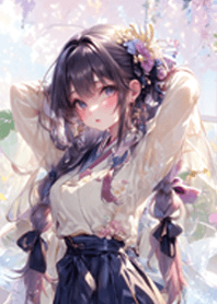Girls under wisteria flowers