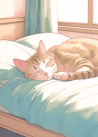 午後の部屋 ベッドでお昼寝する猫1.1.1