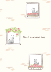 Cat and flower by the window -pink-