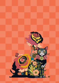 flower cat and flowers on red & yellow