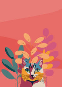 cat and plants on red