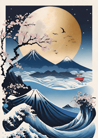 浮世絵 山海桜、月 Q2Q78
