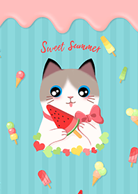 Cat and ice cream on blue background
