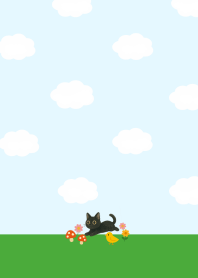 Cute cheerful black cat - blue and green