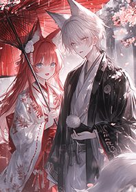 Fox-Eared Couple Under Red Umbrella JP