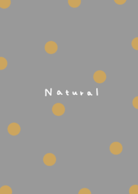 Grey and mustard yellow polka dots.