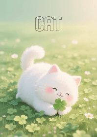 Cute White Cat in Clover Land