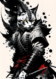Ink wash cat samurai EAc233