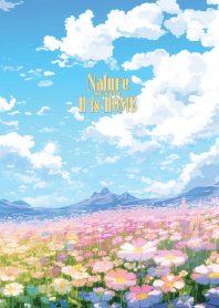 ทุ่งดอกไม้สีพาสเทลและฟ้าคราม