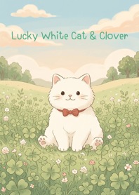 Lucky White Cat & Clover
