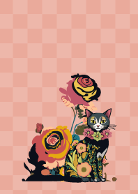 flower cat and flowers on pink&blue