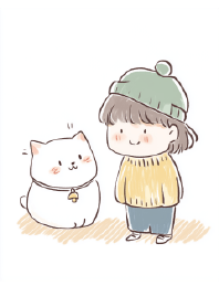 Happy Duo: Girl, Cat & Pom-Pom