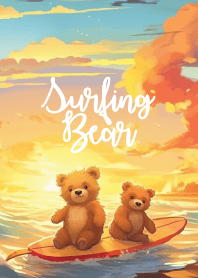 surfing bear with beautiful sunset