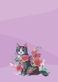 cat and flowers on light purple
