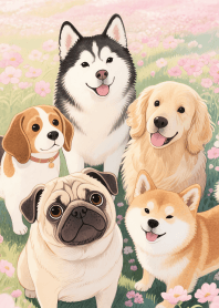 Love Cute Dog Gang in Pink field