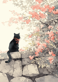 A black cat admiring flowers
