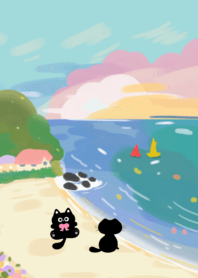 Black cat and blue sea