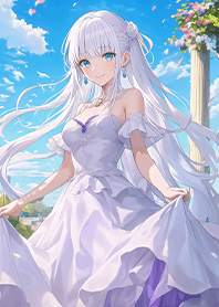 A cute girl in a blue wedding dress