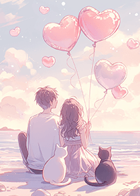 海風の中のカップルとハートの風船❤️