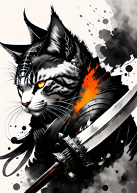 Ink wash cat samurai E255e6