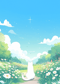 Flower path and white cat