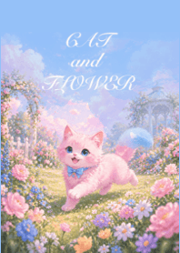 cat with beautiful flowers . PINK