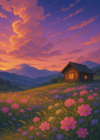 Sunset Cabin Over Flower Hill