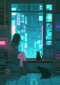 neon city Girl and Cat auspicious 1.3